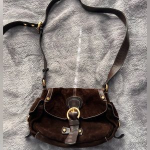 Brown and gold suede shoulder bag
